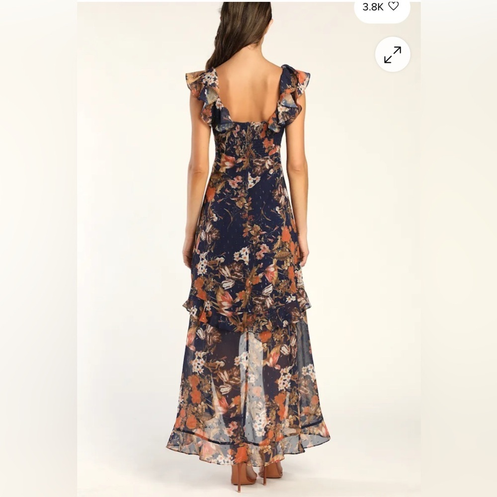 Lulu's Stunning Favorite Navy Blue Floral Ruffled High-Low Maxi Dress.NWT Size S - Picture 3 of 10